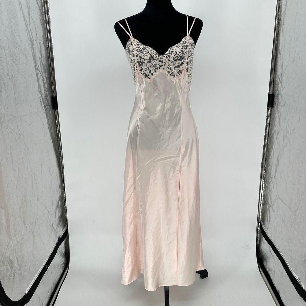 VTG Victoria's Secret Pale Pink Satin Slip Nightgown Sleep Dress Lace Bodice S